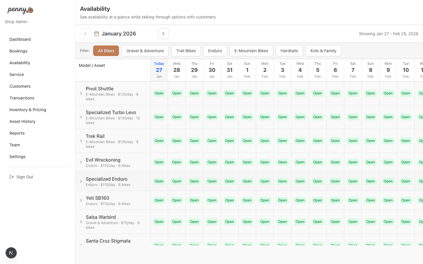 Fleet calendar showing real-time availability
