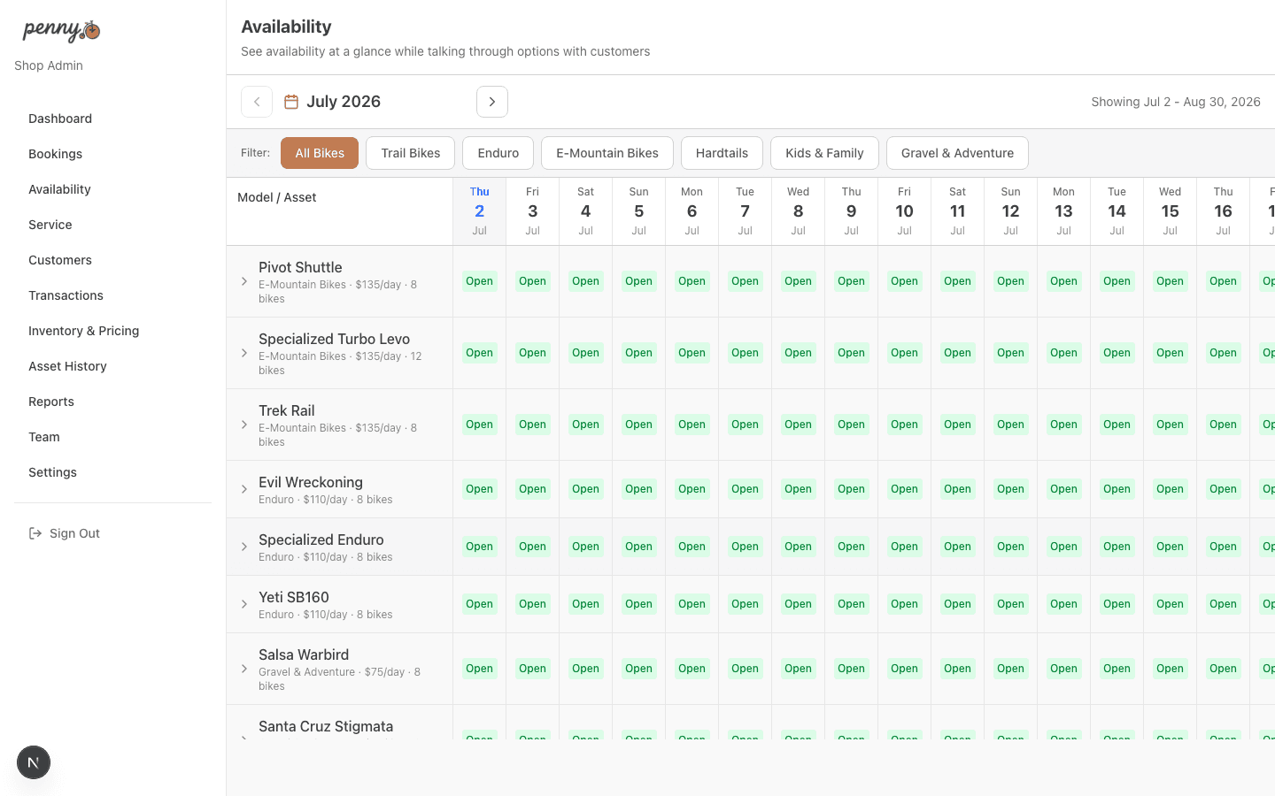 Fleet calendar showing real-time availability